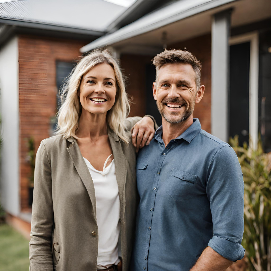 Aussie couple standing proudly infront of their new home